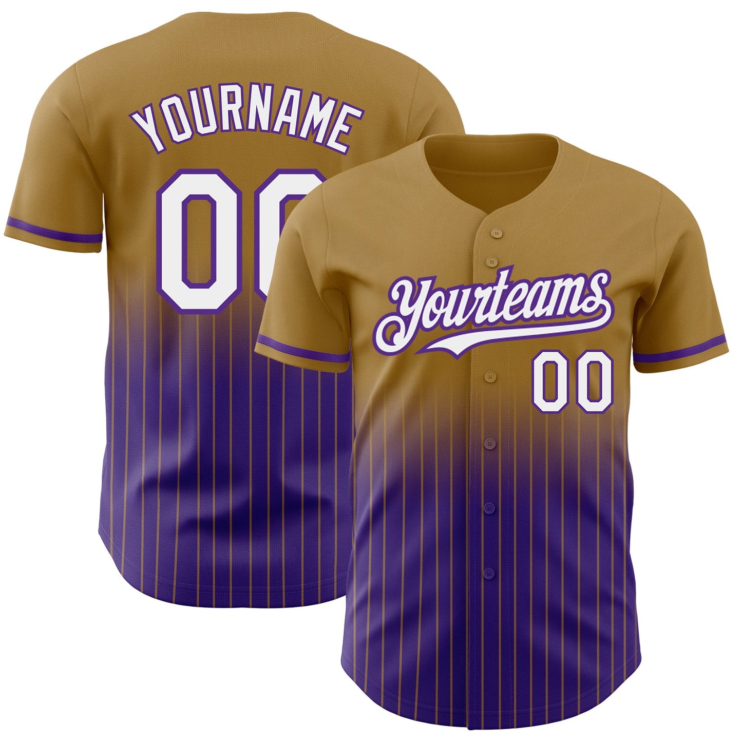 Custom Old Gold Pinstripe White-Purple Authentic Fade Fashion Baseball Jersey - Main View