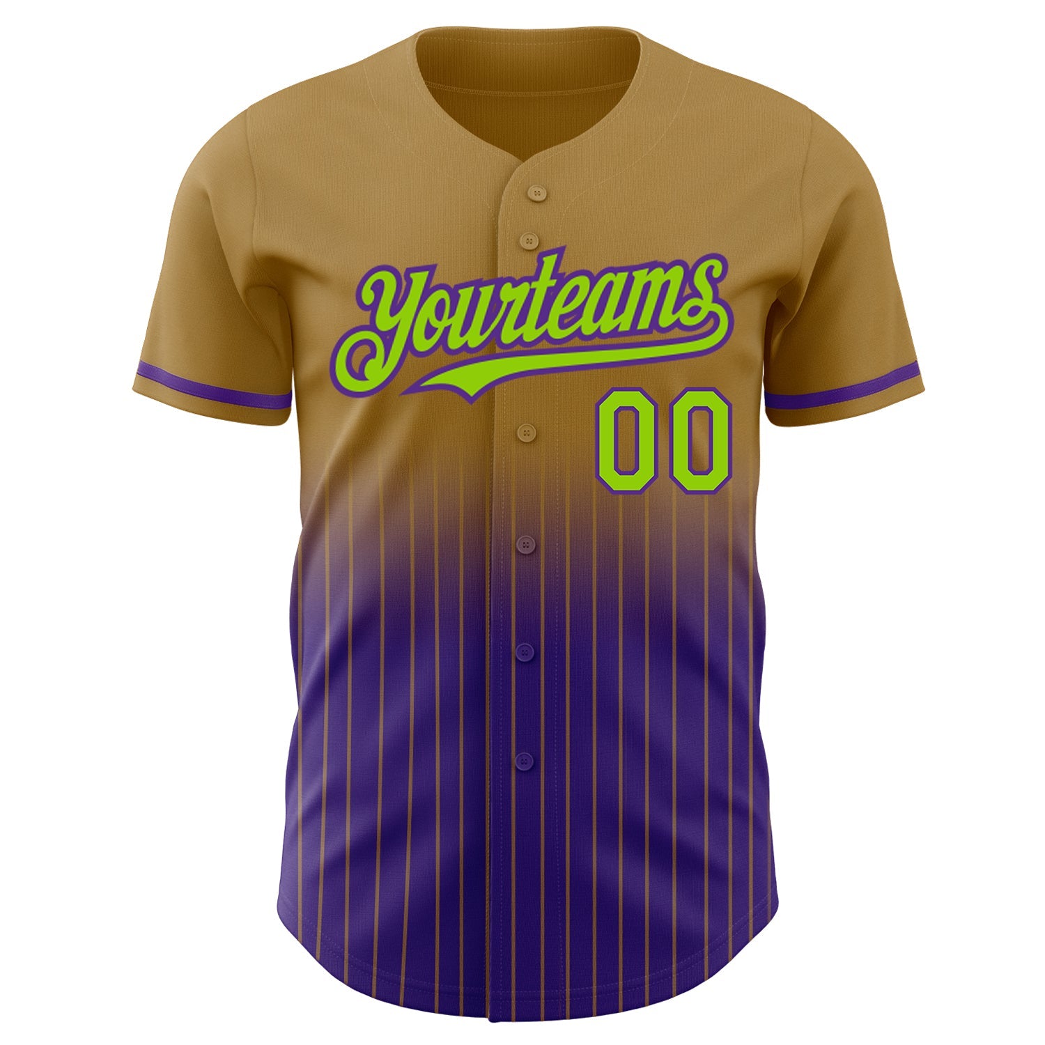 Custom Old Gold Pinstripe Neon Green-Purple Authentic Fade Fashion Baseball Jersey view 3