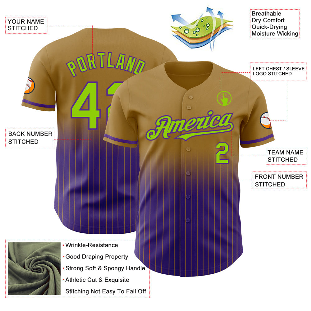 Custom Old Gold Pinstripe Neon Green-Purple Authentic Fade Fashion Baseball Jersey view 4