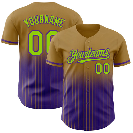 Custom Old Gold Pinstripe Neon Green-Purple Authentic Fade Fashion Baseball Jersey - Main View