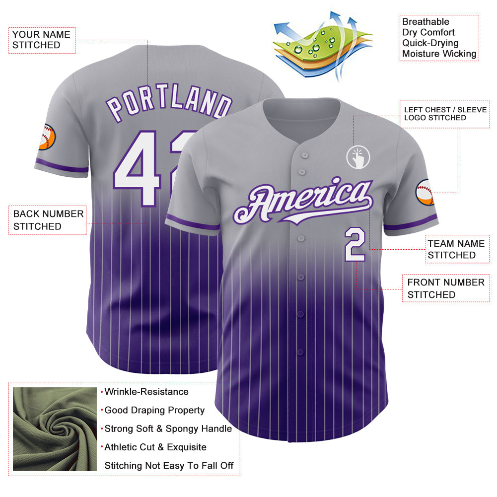 Custom Gray Pinstripe White-Purple Authentic Fade Fashion Baseball Jersey view 4