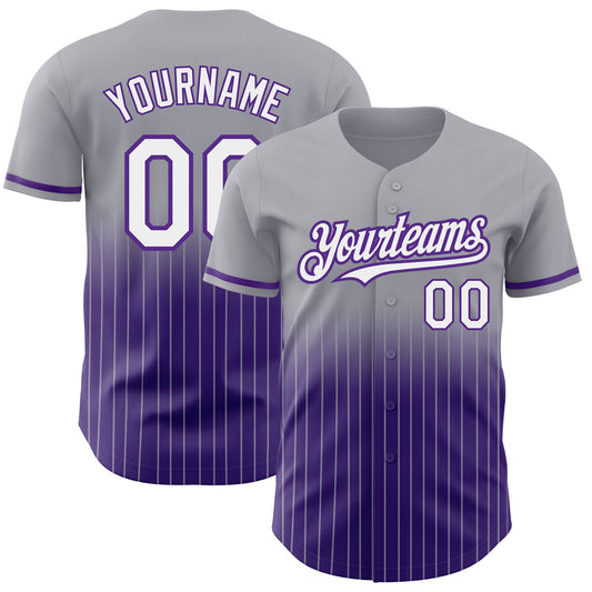 Custom Gray Pinstripe White-Purple Authentic Fade Fashion Baseball Jersey - Main View