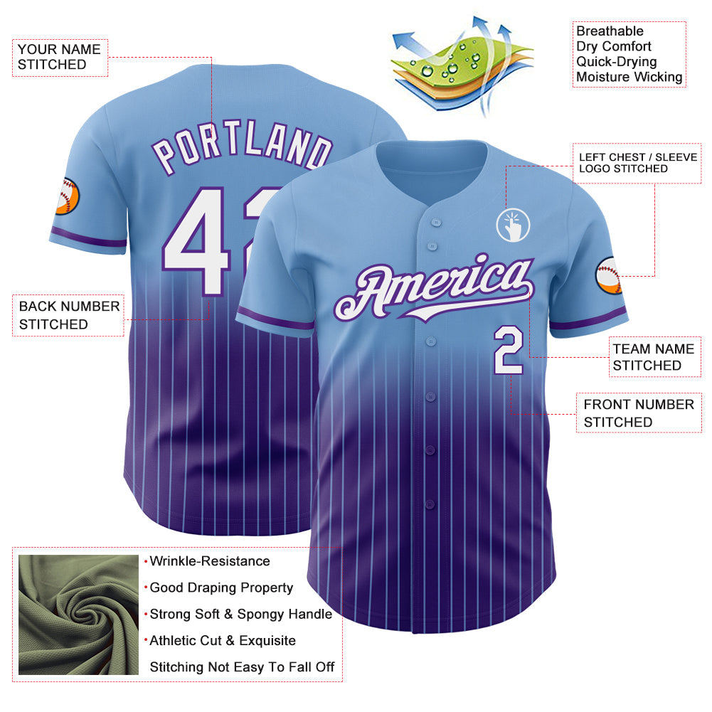 Custom Light Blue Pinstripe White-Purple Authentic Fade Fashion Baseball Jersey view 4