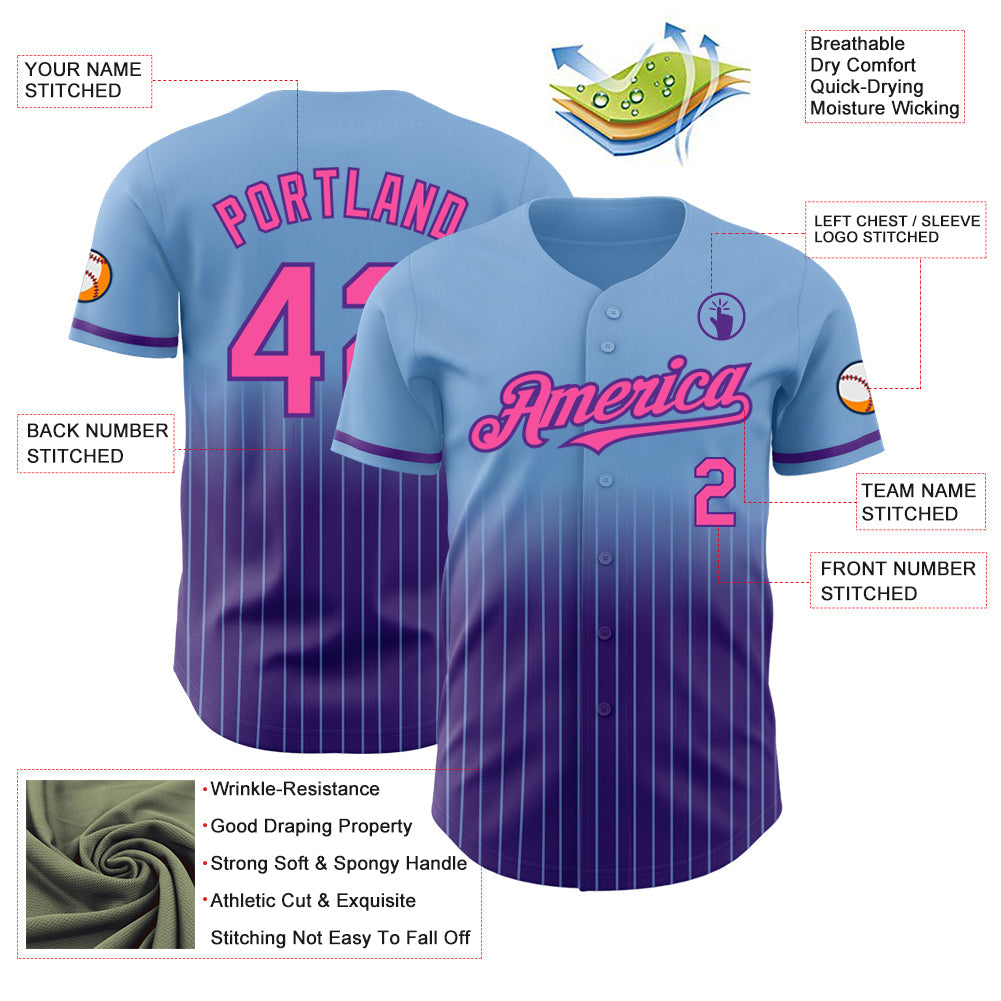 Custom Light Blue Pinstripe Pink-Purple Authentic Fade Fashion Baseball Jersey view 4