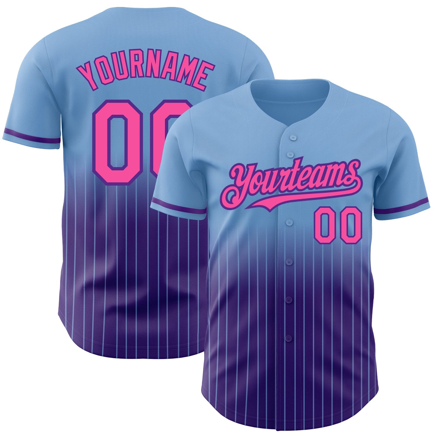 Custom Light Blue Pinstripe Pink-Purple Authentic Fade Fashion Baseball Jersey - Main View