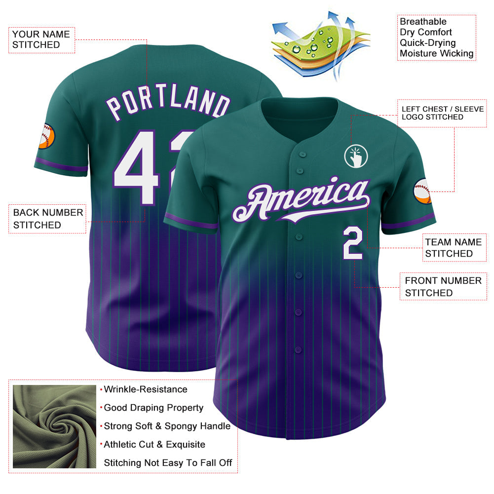 Custom Teal Pinstripe White-Purple Authentic Fade Fashion Baseball Jersey view 4