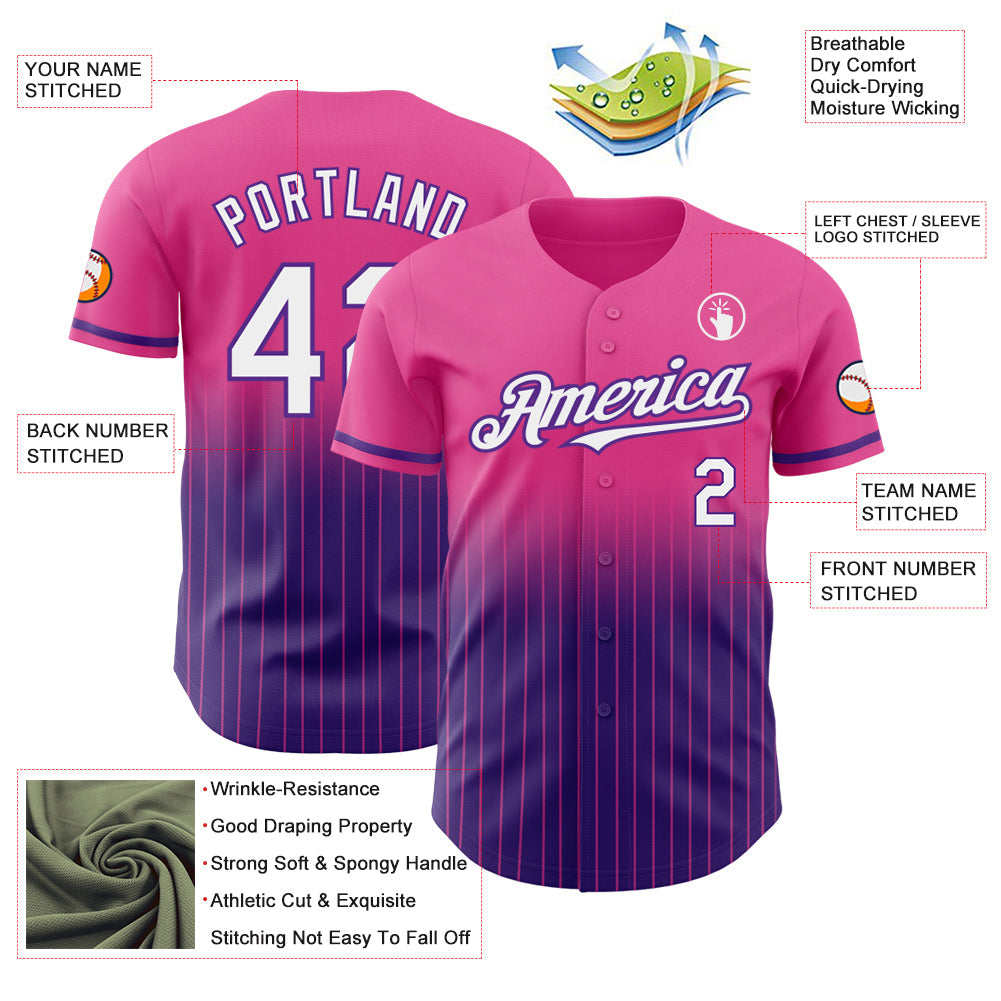 Custom Pink Pinstripe White-Purple Authentic Fade Fashion Baseball Jersey view 4