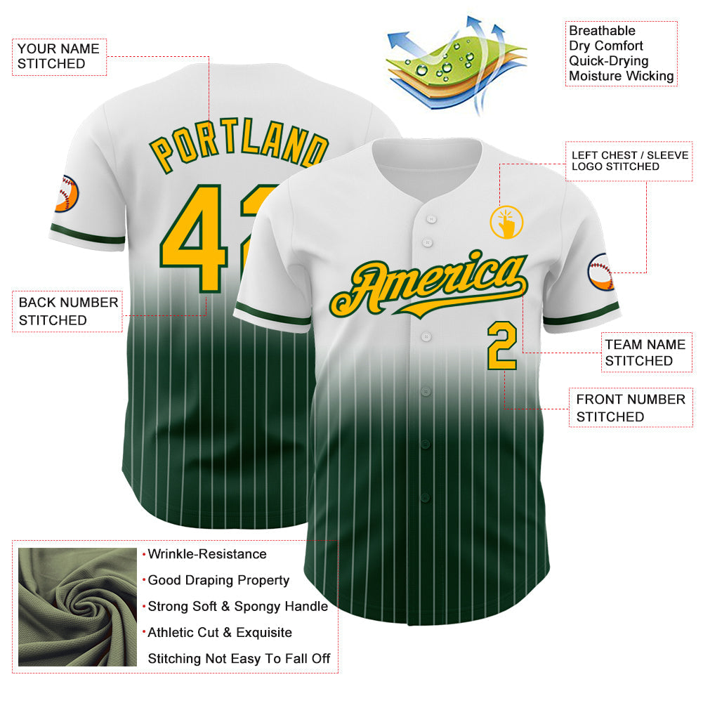 Custom White Pinstripe Gold-Green Authentic Fade Fashion Baseball Jersey view 4