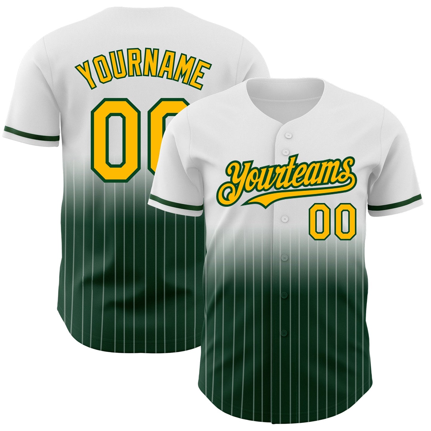 Custom White Pinstripe Gold-Green Authentic Fade Fashion Baseball Jersey - Main View