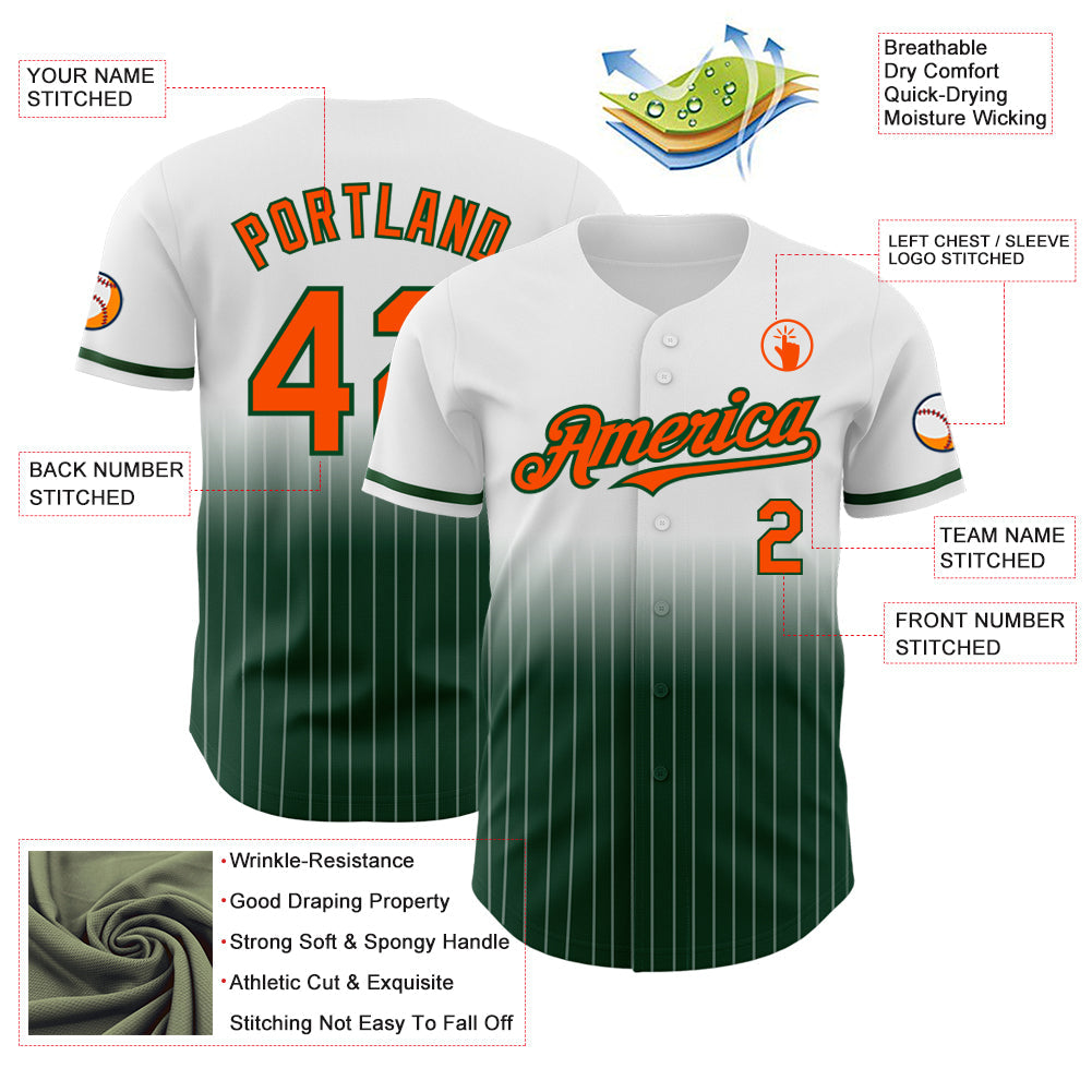 Custom White Pinstripe Orange-Green Authentic Fade Fashion Baseball Jersey view 4