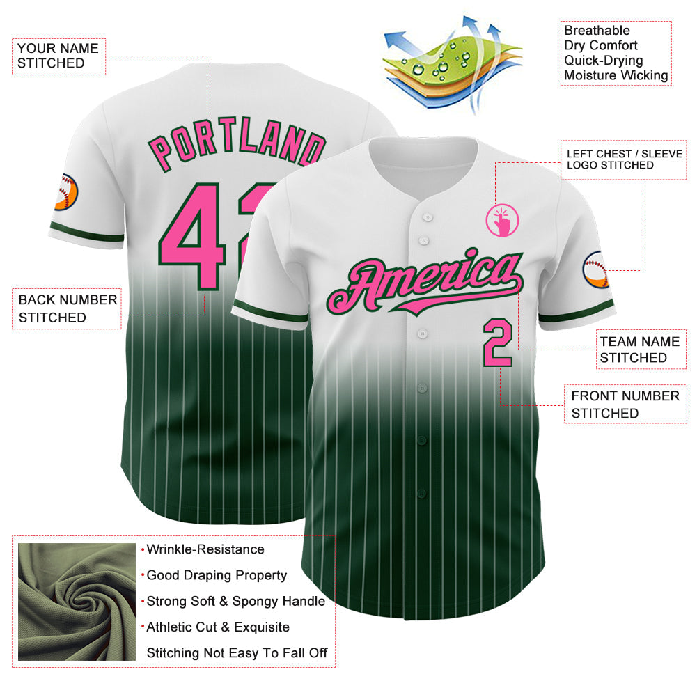 Custom White Pinstripe Pink-Green Authentic Fade Fashion Baseball Jersey view 4