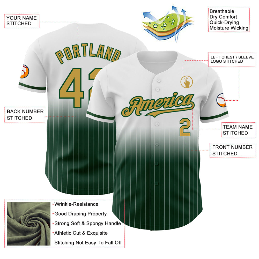 Custom White Pinstripe Old Gold-Green Authentic Fade Fashion Baseball Jersey view 4