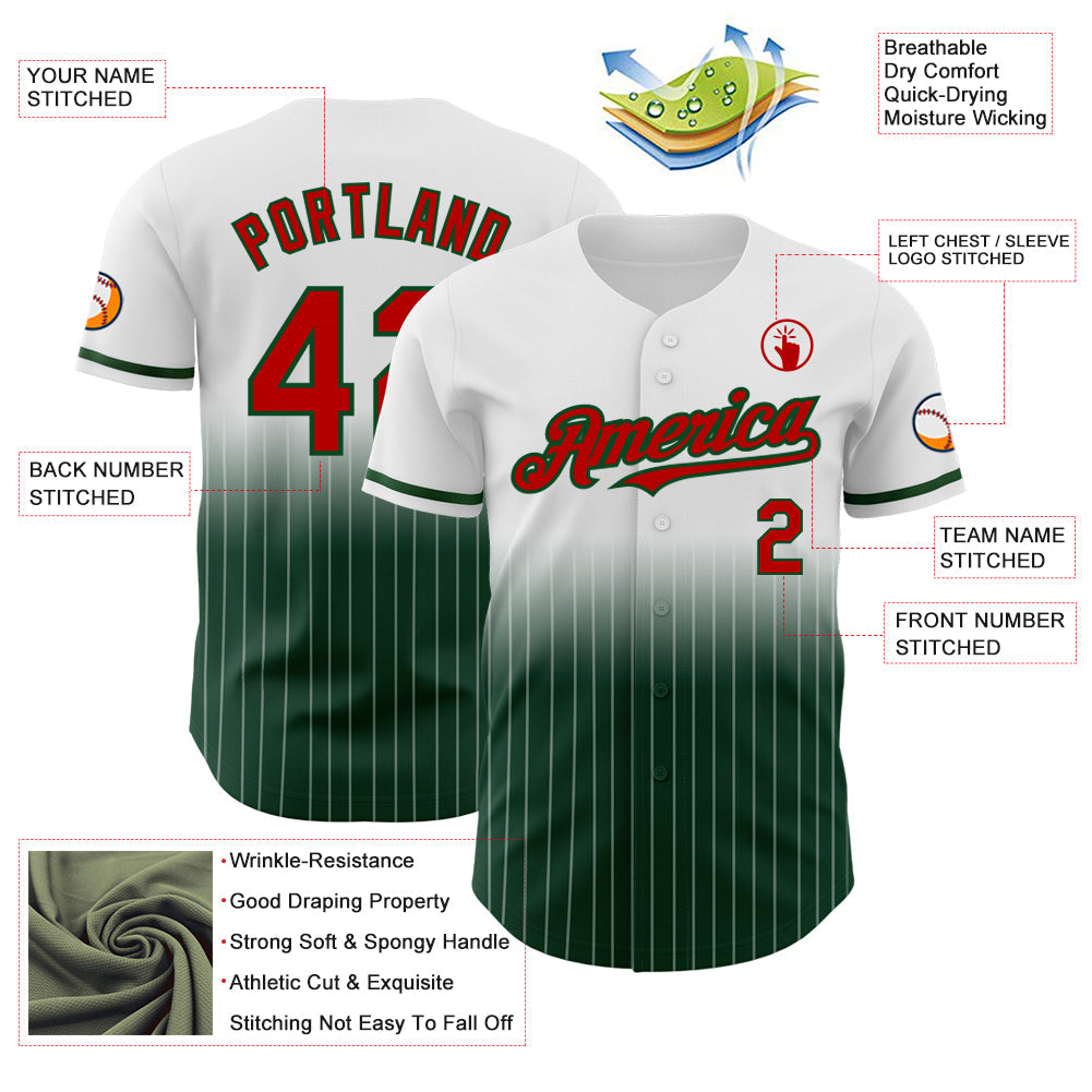 Custom White Pinstripe Red-Green Authentic Fade Fashion Baseball Jersey view 4