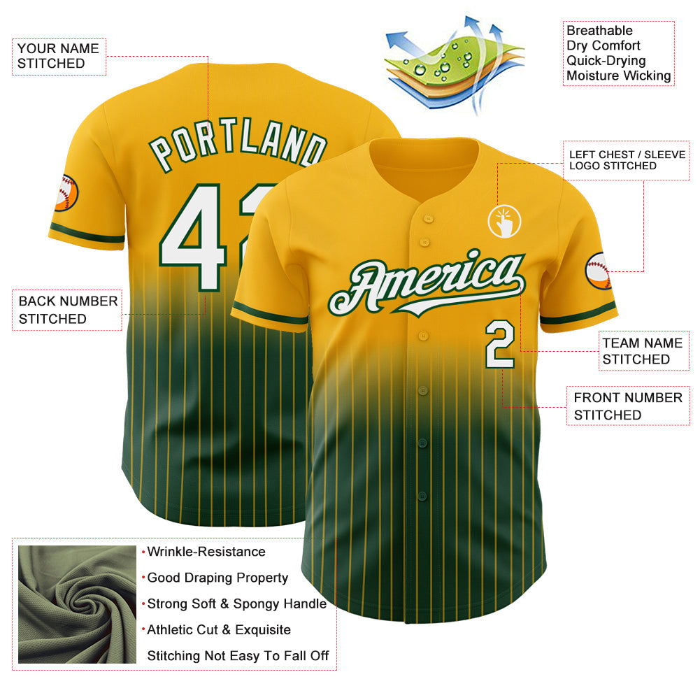 Custom Gold Pinstripe White-Green Authentic Fade Fashion Baseball Jersey view 4