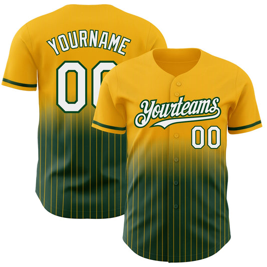 Custom Gold Pinstripe White-Green Authentic Fade Fashion Baseball Jersey - Main View