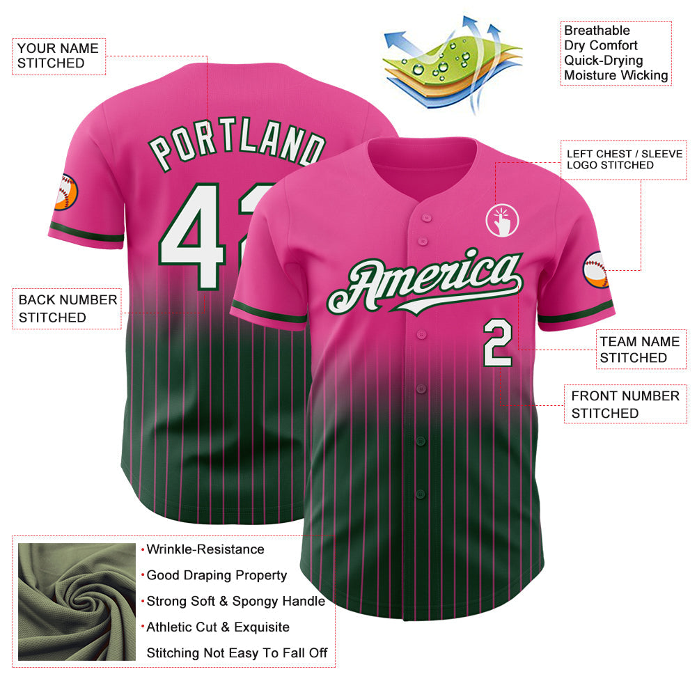 Custom Pink Pinstripe White-Green Authentic Fade Fashion Baseball Jersey view 4