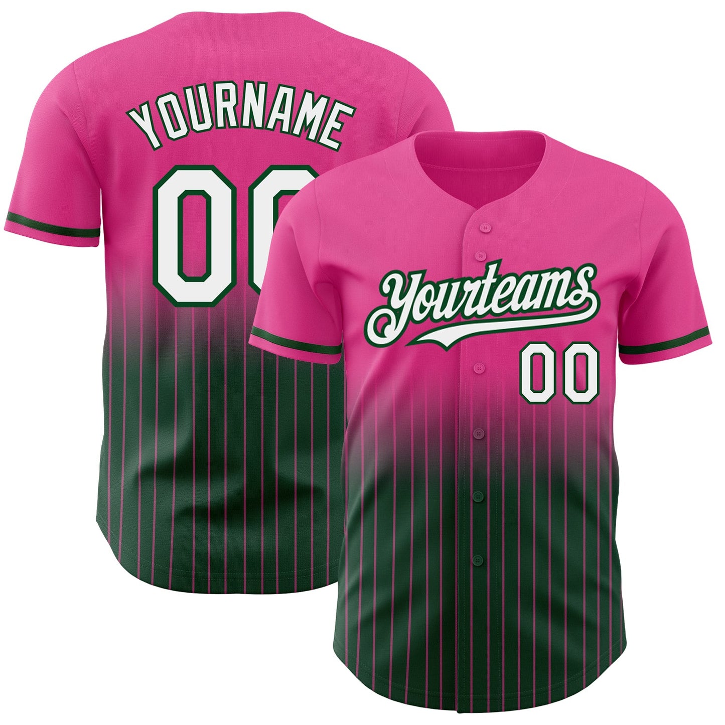 Custom Pink Pinstripe White-Green Authentic Fade Fashion Baseball Jersey - Main View