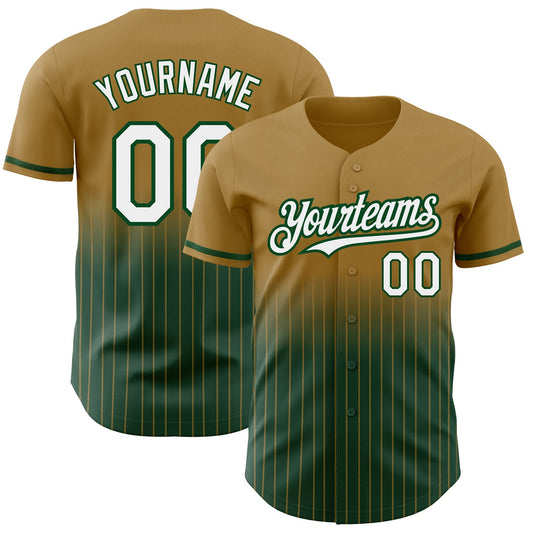 Custom Old Gold Pinstripe White-Green Authentic Fade Fashion Baseball Jersey - Main View