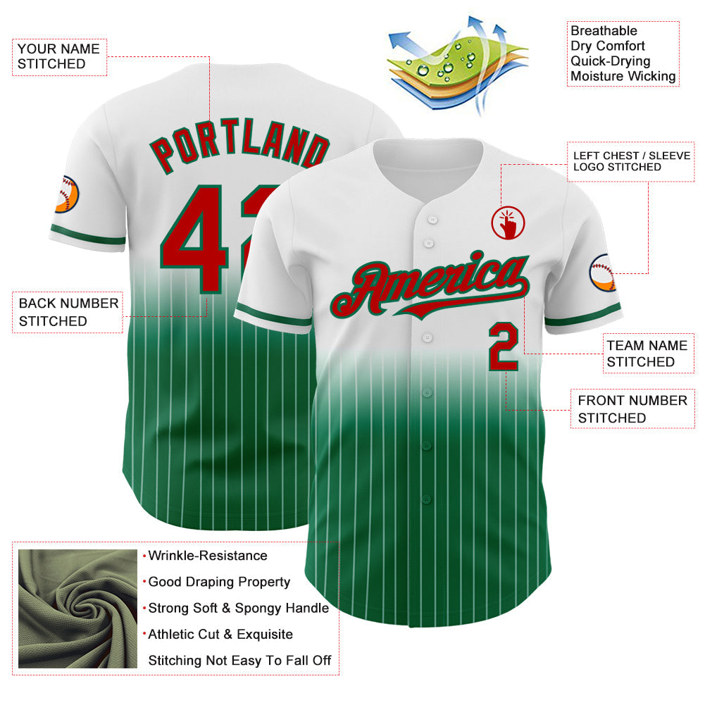Custom White Pinstripe Red-Kelly Green Authentic Fade Fashion Baseball Jersey view 4
