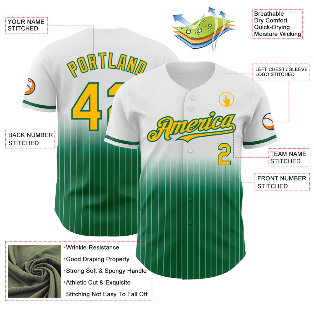 Custom White Pinstripe Gold-Kelly Green Authentic Fade Fashion Baseball Jersey view 4