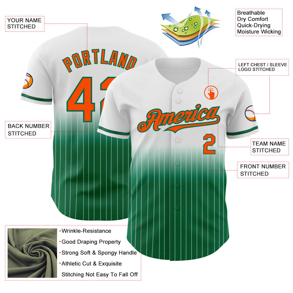 Custom White Pinstripe Orange-Kelly Green Authentic Fade Fashion Baseball Jersey view 4