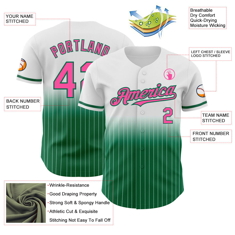 Custom White Pinstripe Pink-Kelly Green Authentic Fade Fashion Baseball Jersey view 4