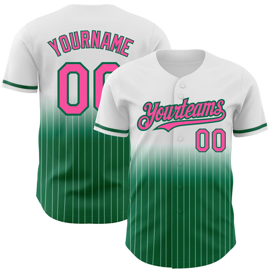 Custom White Pinstripe Pink-Kelly Green Authentic Fade Fashion Baseball Jersey - Main View