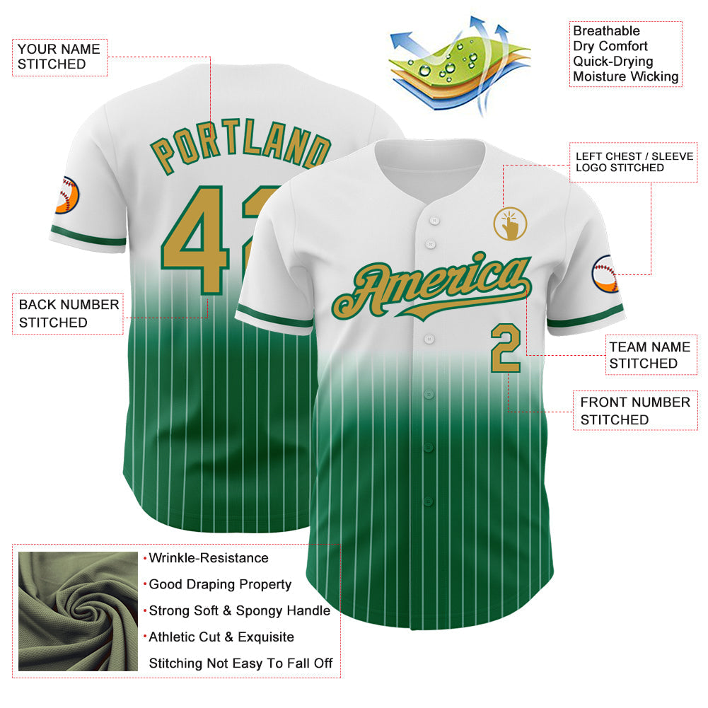 Custom White Pinstripe Old Gold-Kelly Green Authentic Fade Fashion Baseball Jersey view 4