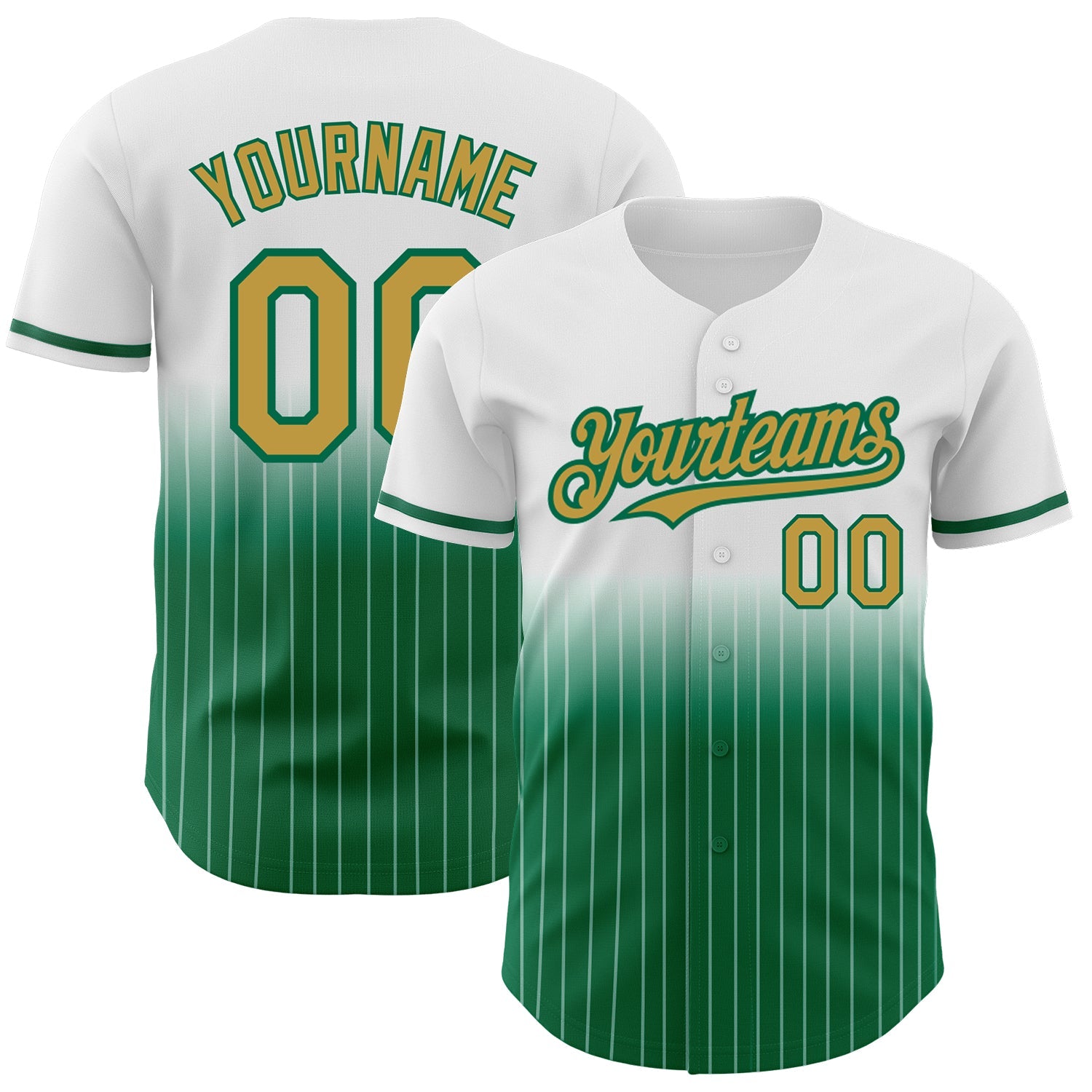 Custom White Pinstripe Old Gold-Kelly Green Authentic Fade Fashion Baseball Jersey - Main View