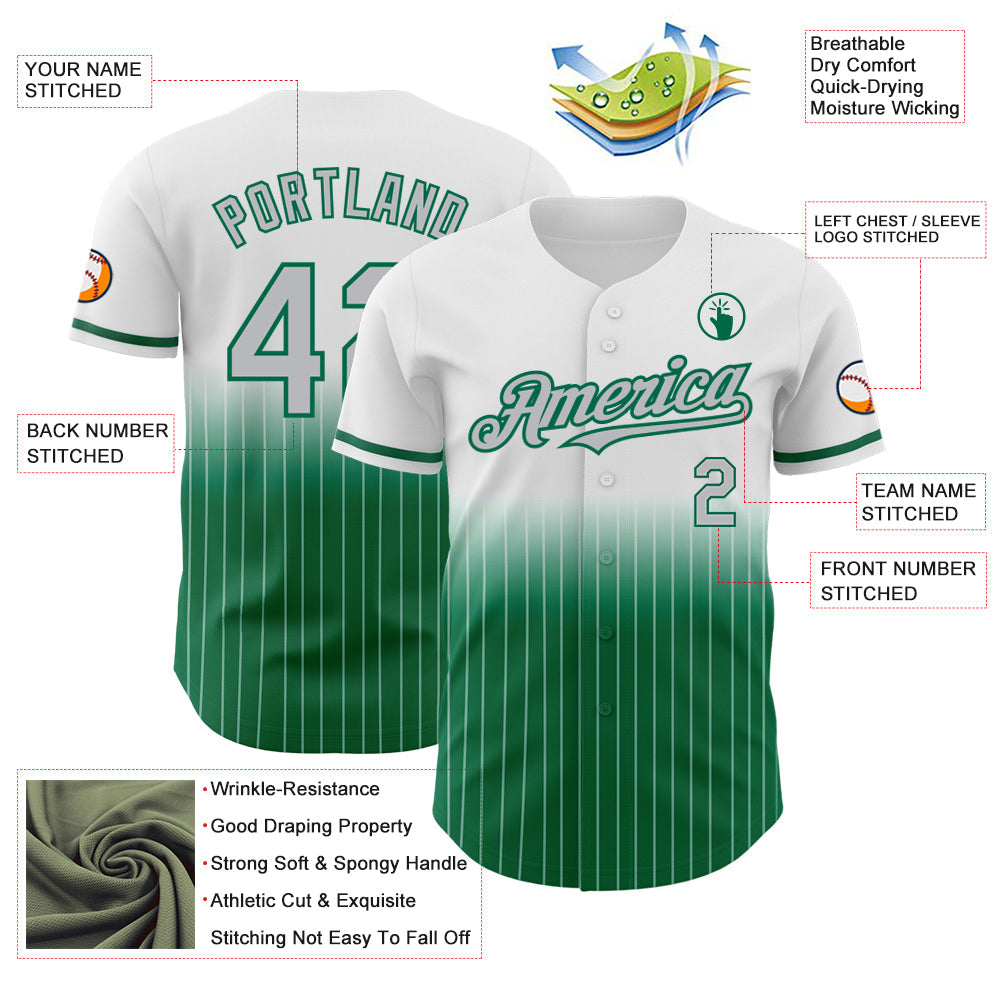 Custom White Pinstripe Gray-Kelly Green Authentic Fade Fashion Baseball Jersey view 4