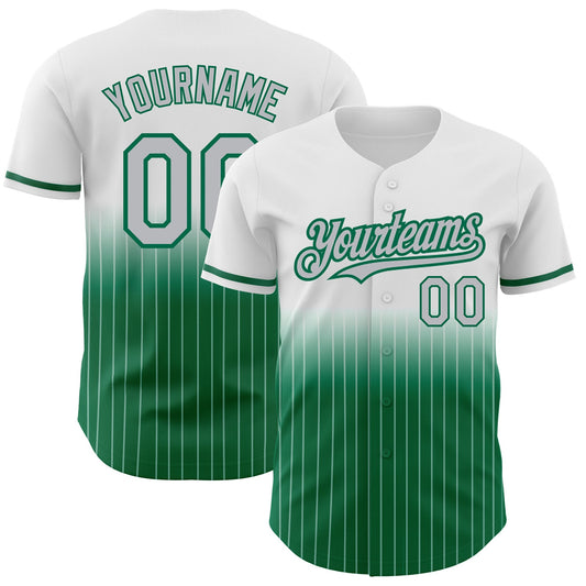 Custom White Pinstripe Gray-Kelly Green Authentic Fade Fashion Baseball Jersey - Main View