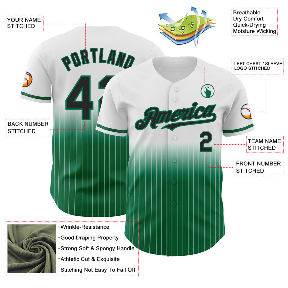 Custom White Pinstripe Black-Kelly Green Authentic Fade Fashion Baseball Jersey view 4