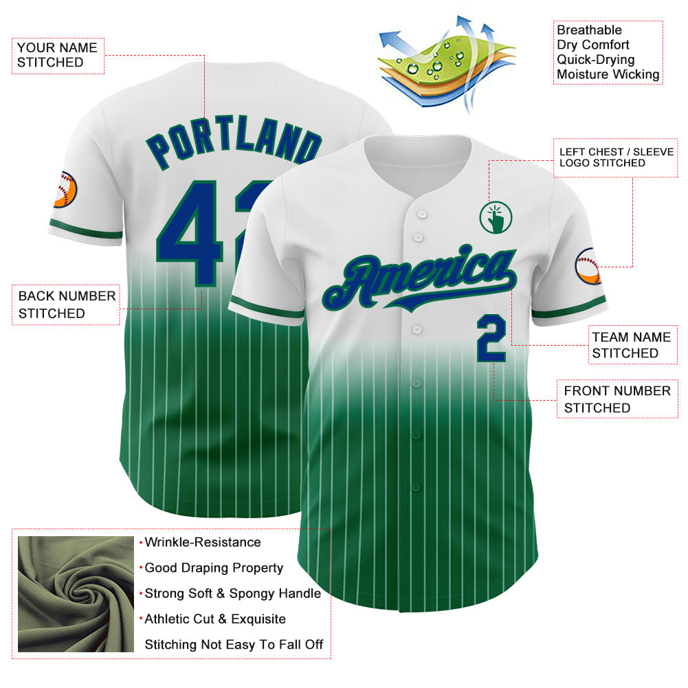 Custom White Pinstripe Royal-Kelly Green Authentic Fade Fashion Baseball Jersey view 4