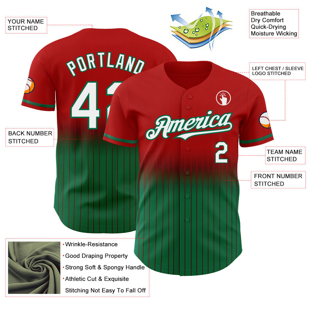 Custom Red Pinstripe White-Kelly Green Authentic Fade Fashion Baseball Jersey view 4