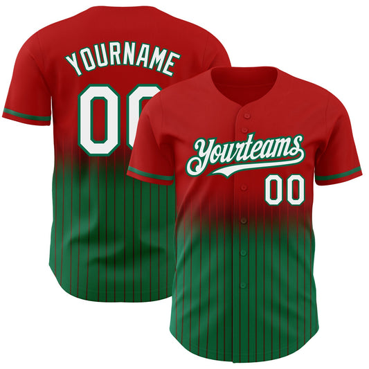 Custom Red Pinstripe White-Kelly Green Authentic Fade Fashion Baseball Jersey - Main View