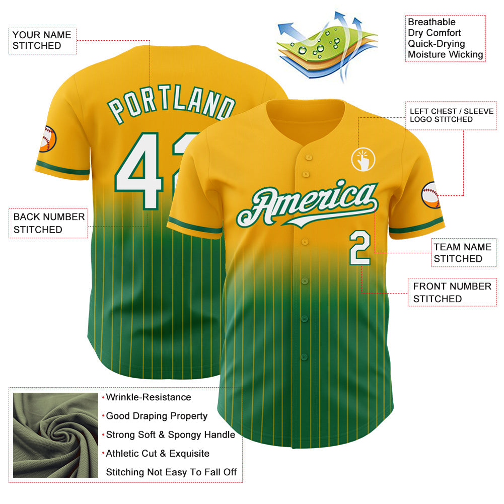 Custom Gold Pinstripe White-Kelly Green Authentic Fade Fashion Baseball Jersey view 4