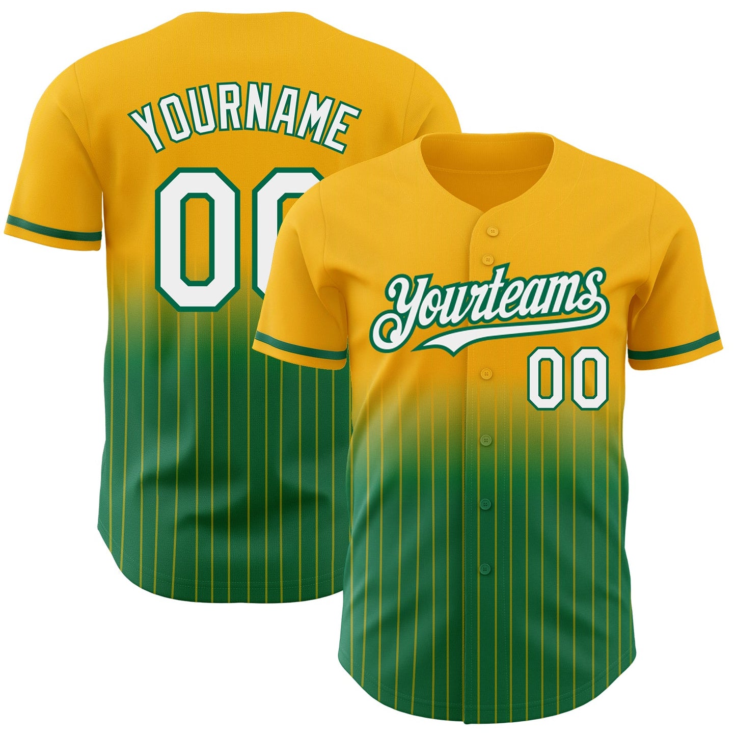 Custom Gold Pinstripe White-Kelly Green Authentic Fade Fashion Baseball Jersey - Main View