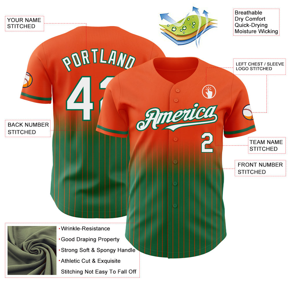 Custom Orange Pinstripe White-Kelly Green Authentic Fade Fashion Baseball Jersey view 4