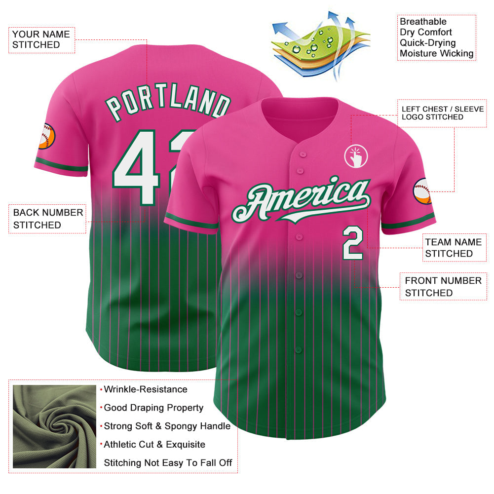 Custom Pink Pinstripe White-Kelly Green Authentic Fade Fashion Baseball Jersey view 4