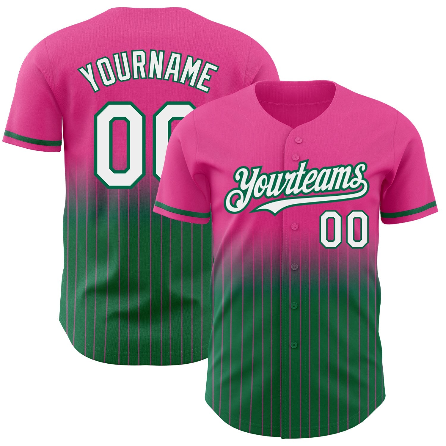 Custom Pink Pinstripe White-Kelly Green Authentic Fade Fashion Baseball Jersey - Main View