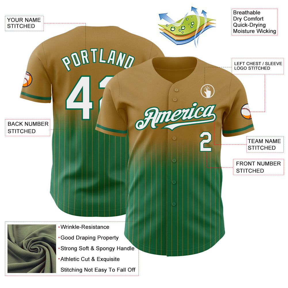 Custom Old Gold Pinstripe White-Kelly Green Authentic Fade Fashion Baseball Jersey view 4