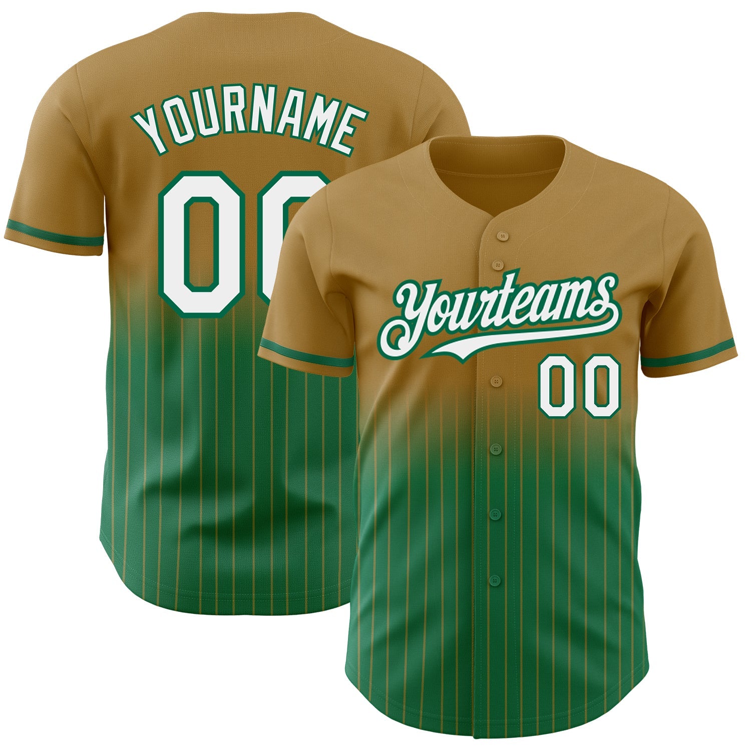 Custom Old Gold Pinstripe White-Kelly Green Authentic Fade Fashion Baseball Jersey - Main View