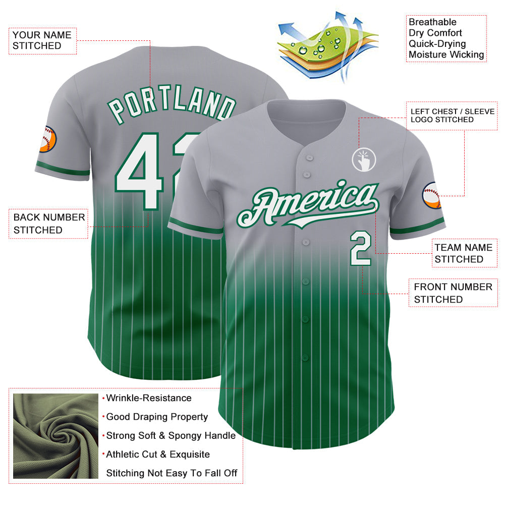 Custom Gray Pinstripe White-Kelly Green Authentic Fade Fashion Baseball Jersey view 4