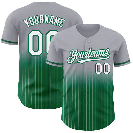 Custom Gray Pinstripe White-Kelly Green Authentic Fade Fashion Baseball Jersey - Main View