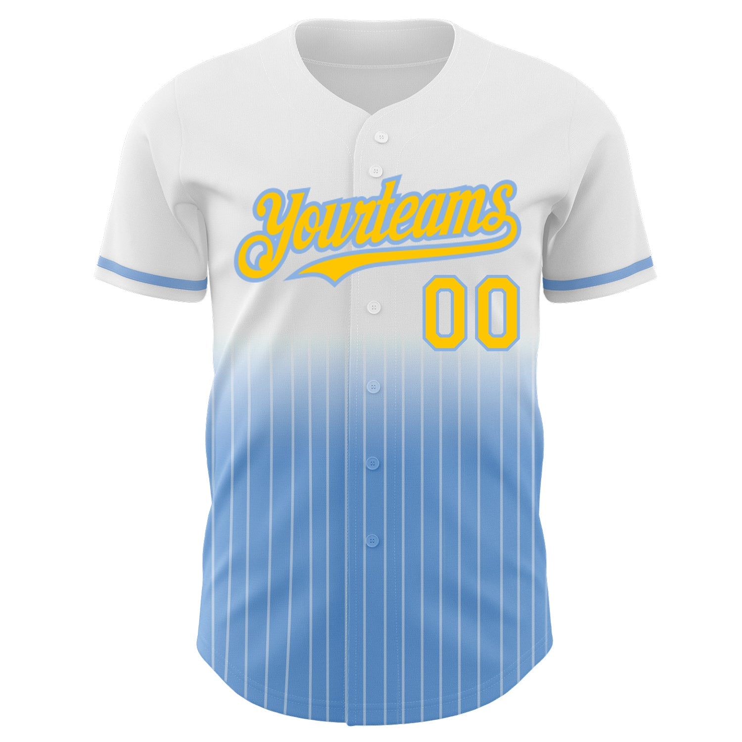 Custom White Pinstripe Yellow-Light Blue Authentic Fade Fashion Baseball Jersey view 3