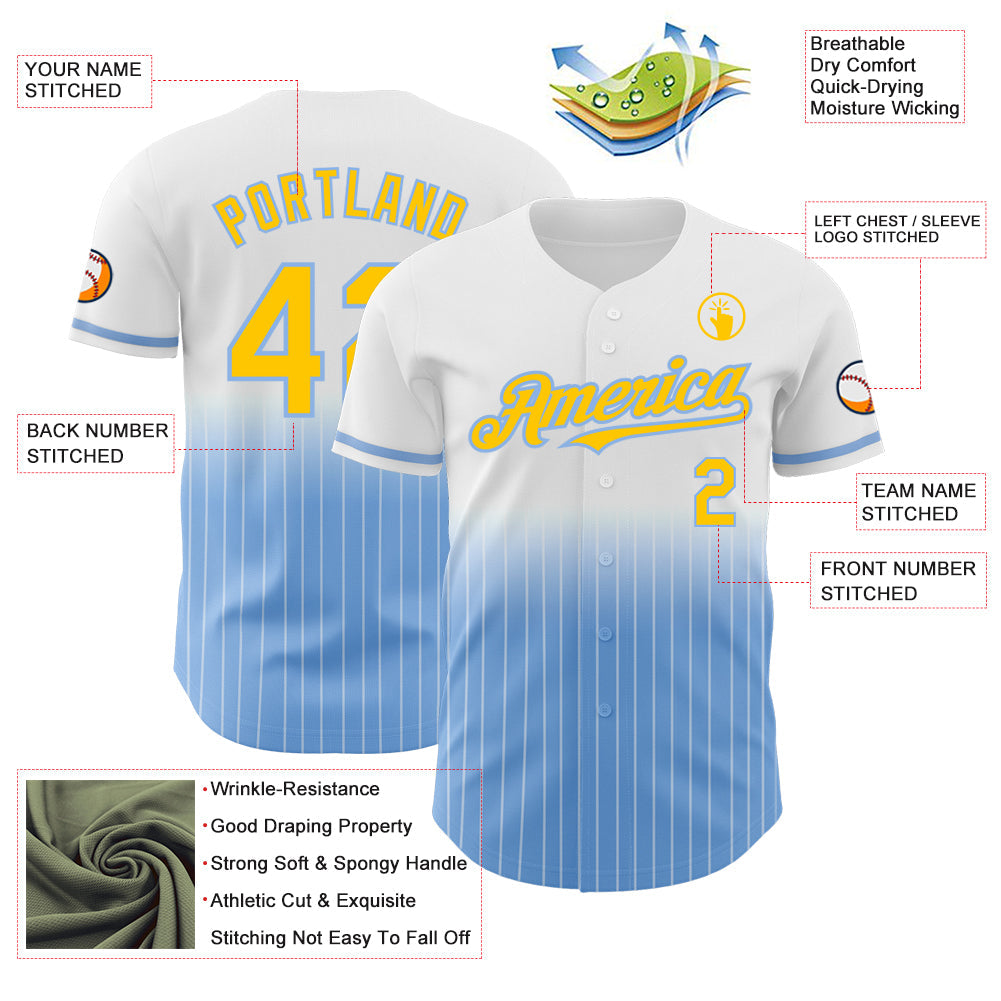 Custom White Pinstripe Yellow-Light Blue Authentic Fade Fashion Baseball Jersey view 4