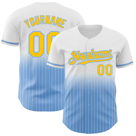 Custom White Pinstripe Yellow-Light Blue Authentic Fade Fashion Baseball Jersey - Main View