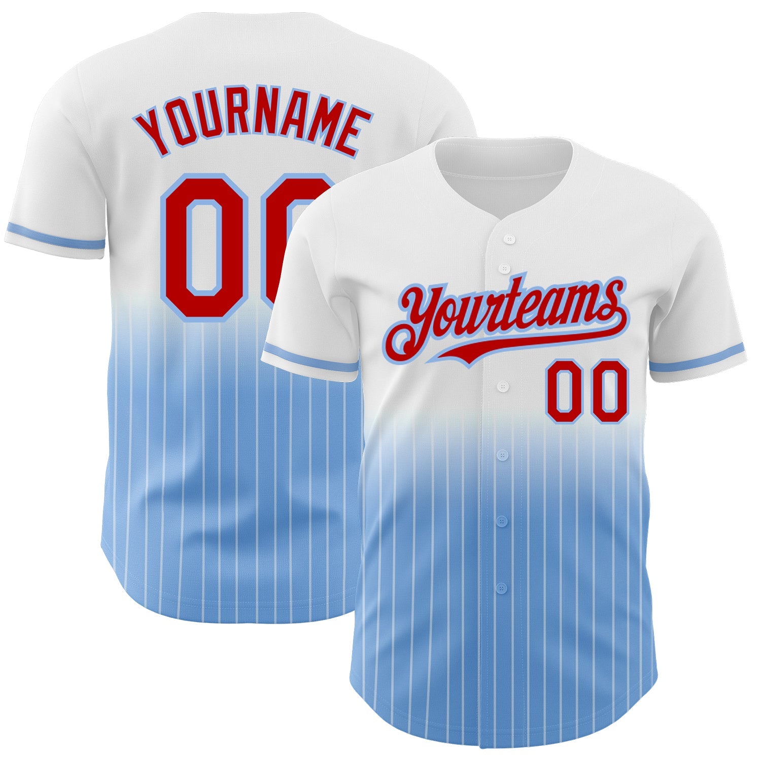 Custom White Pinstripe Red-Light Blue Authentic Fade Fashion Baseball Jersey - Main View