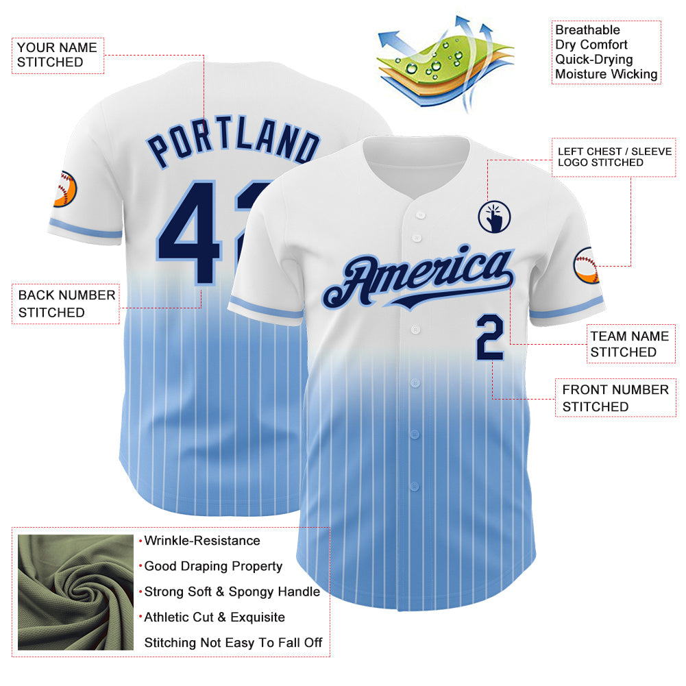 Custom White Pinstripe Navy-Light Blue Authentic Fade Fashion Baseball Jersey view 4
