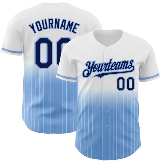 Custom White Pinstripe Navy-Light Blue Authentic Fade Fashion Baseball Jersey - Main View
